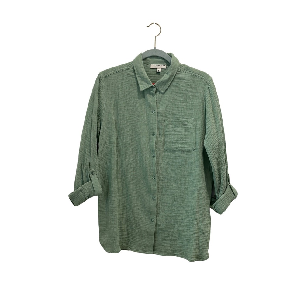 Anne Klein Jeans Sage Green Double Gauze Button Down Shirt Roll Tab Sleeve Med